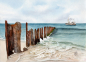 Preview: Postkarte DIN-A6  Aquarell Wellenbrecher Maritim Kunst Druck Dänemark Nordsee Ostsee Düne Dünen Meer Möwe Möwen Strand